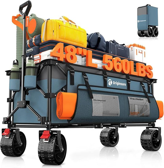 Originsure 48" L Collapsible Wagon Cart Foldable, 560lbs Weight Capacity 300L Heavy Duty Folding Beach Wagons with Big All-Terrain Wheels, Utility Carts for Groceries, Camping, Sports - Grey&Blue