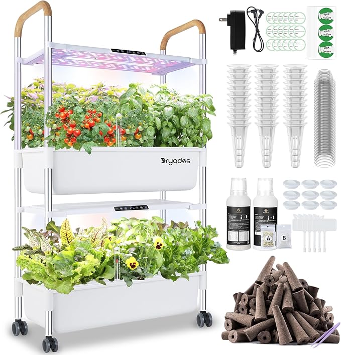 Indoor Hydroponic Growing System with 54 Pods Herbs Garden Kit with 30W Led Grow Light Large Movable 2-Layer Floor-Standing Hydroponic Gardening System for Vegetable Fruit