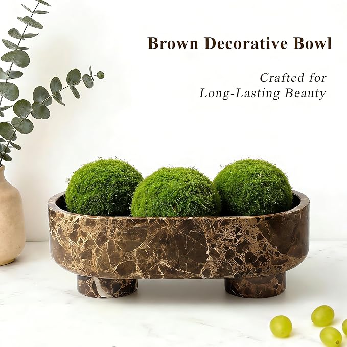 LIN CHUAN Natural Oval Marble Fruit Bowl for Kitchen Counter | Two-Legged Decorative Pedestal Bowl for Dining Table Decor, 10" Luxury Entryway Catchall Purse Bowl - Dark Brown
