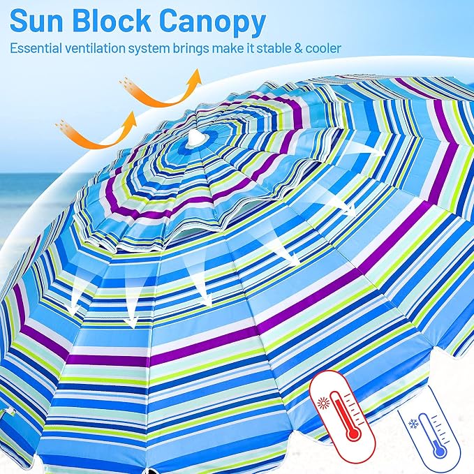 Tangkula 8FT Beach Umbrella, Portable Outdoor Sunshade Beach Umbrella with Sand Anchor & Tilt Mechanism, 16 Sturdy Fiberglass Ribs, Carrying Bag for Garden, Patio (Blue)