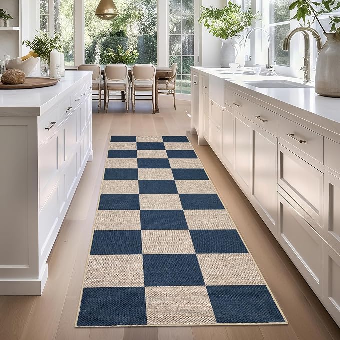 GarveeHome Easy Jute Rugs 2x8 Checkered Kitchen Runner Rugs Non Skid Washable Stain Resistant Indoor Outdoor Rugs for Living Room, Bedroom, Dining, Patio - Farmhouse Style Navy Blue
