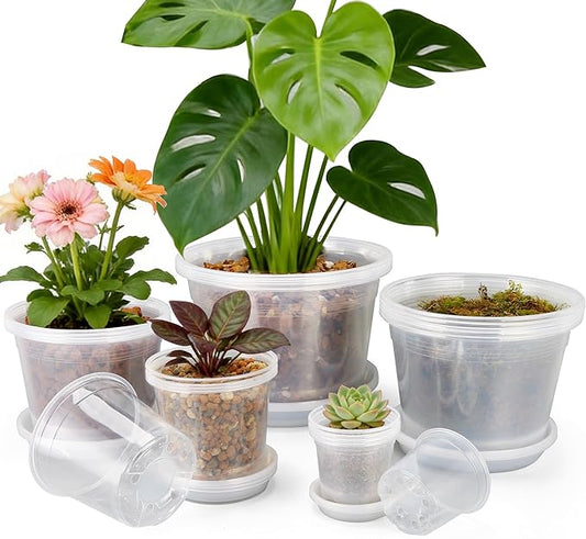 12/10/8/6/4 Inch Clear Nursery Pots with Drainage and Saucers, 20 Pack Large Clear Plastic Nursery Pots for Plants, Seedling Plant Pots for Repotting and Growing Plants, Flowers & Vegetables