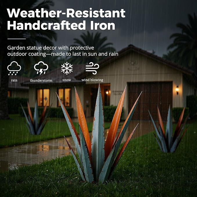 KODIBO 24” Large Metal Agave Plants Outdoor Decor, Vintage Blue Tequila Rustic Sculpture Outdoor Statues, Agave Metal Plants for Yard Garden Lawn Ornaments，Artisan Metal Agave Landscape Decor