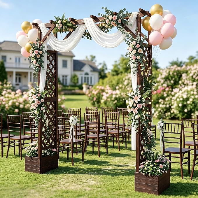VINGLI Wooden Garden Arbor with Planter, Wedding Arch for Ceremony, Wood Garden Arbour Trellis for Plant Climbing, Pergola for Garden Backyard, Lawn, Outdoor (Dark Brown)