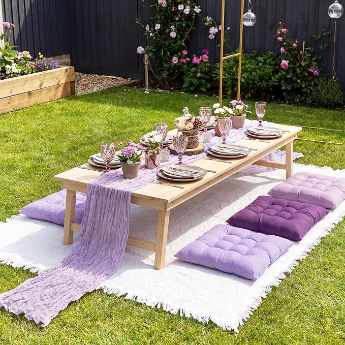 8 Pcs Fit for 6 People 91 x 71'' Extra Large Outdoor Picnic Blanket with Purple Table Runner and Floor Pillow Cushion Fit for 6 People Picnic Wedding Birthday Baby Shower Backyard Decor
