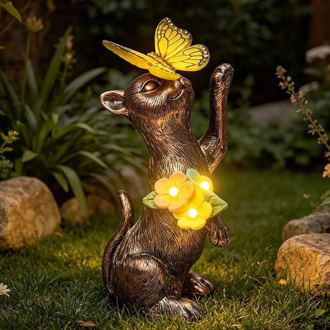 Solar Cat Garden Statues Outdoor - Waterproof Resin Cat Figurine with Butterfly Light -Outside Sculptures Decor for Yard Lawn Patio, Birthday Gifts for Women Mom