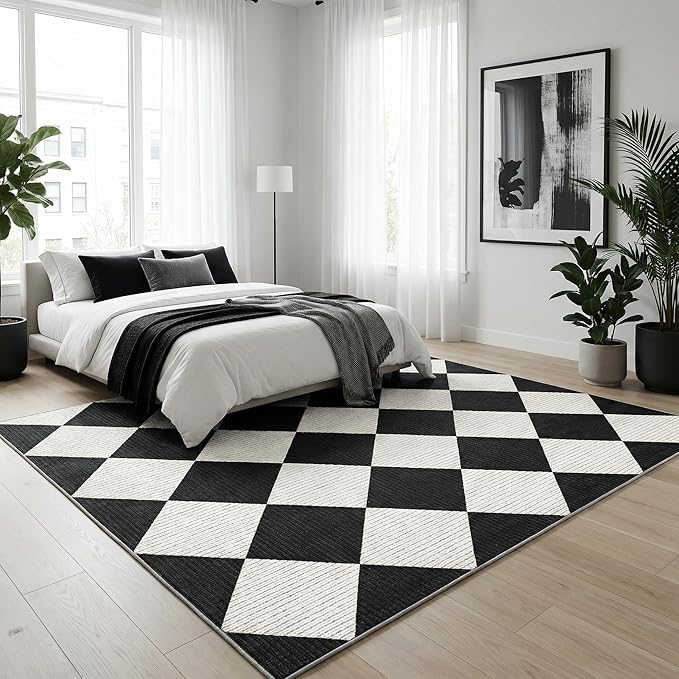 GarveeHome 5x7 Checkered Area Rug Black and White Washable Living Room Rug | Modern Geometric Farmhouse Carpet Soft Low Pile Non Slip Diamond Floor Mat Plaid Print Throw Rug for Dining Room Playroom