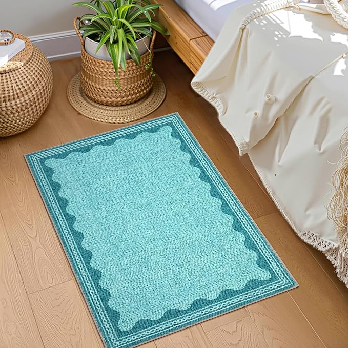 GarveeHome Scalloped Teal 2.5x8 Runner Rug for Hallway Washable Kitchen Rugs Non Slip Solid Modern Soft Low-Pile Indoor Carpet for Entryway Laundry Room Floor Mats TPE Backing