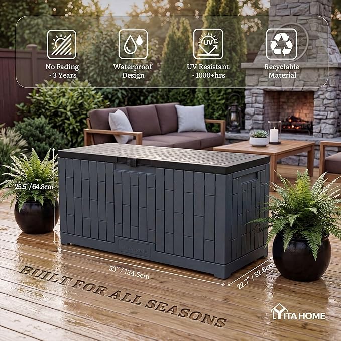 YITAHOME 120 Gallon Large Deck Box, 53"L x 22.7"W x 25.5"H Resin Outdoor Storage Box with Slide-Locking Black Lid for Patio Cushions, Garden Tools, Pool Supplies, Easy Assembly, Waterproof, Dark Gray