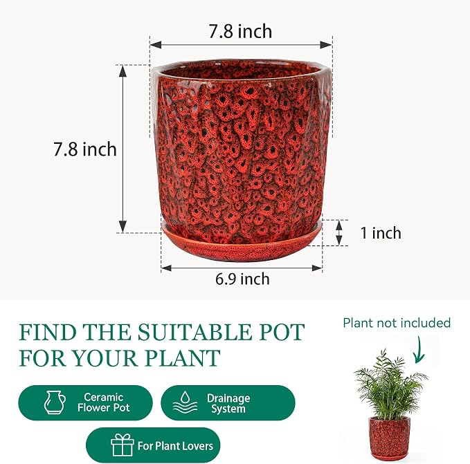 7.8 Inch Ceramic Plant Pot with Drainage Hole Mesh Net, Large Flower Pots for Indoor Plants with Saucer, Gardening Pots Outdoor (Red)