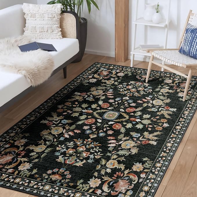 3x5 Rug Washable Floral Area Rugs Non Slip Ultra-Thin | Small Throw Carpet for Bedroom Entryway Living Room Office Kitchen Bedside Floor Indoor Low Pile Boho Vintage Black