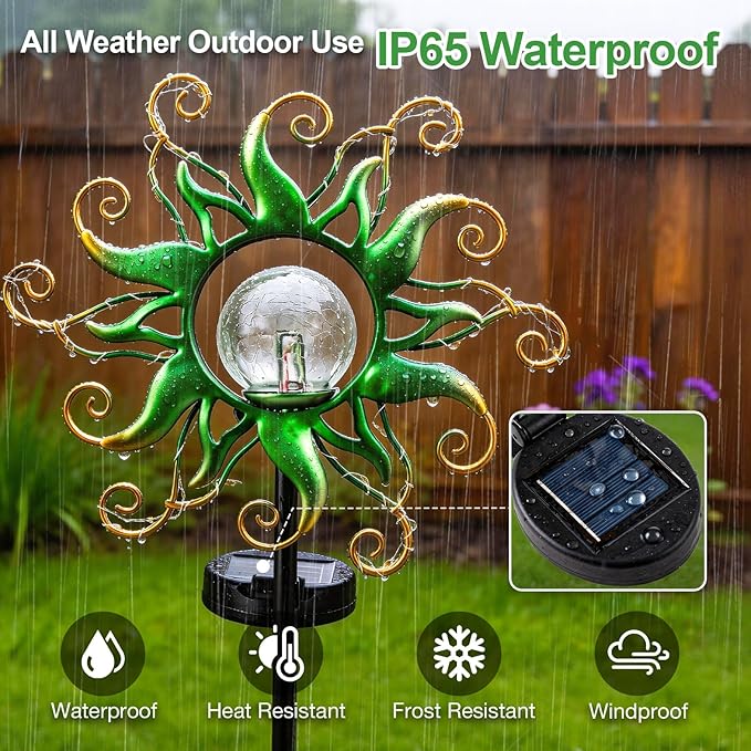 Solar Garden Lights Outdoor, Green Metal Sun Stake with 30 LED Waterproof Vine String Crackle Glass Spring Decor for Patio,Yardr,Lawn Gardening Birthday Gifts