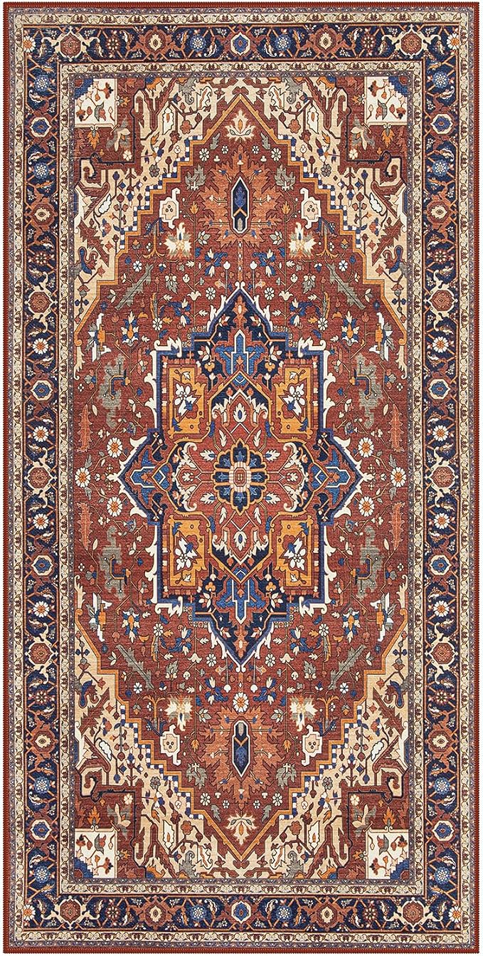 Moynesa Ultra-Thin Washable Kitchen Rugs, 2x4 Small Entryway Rug Door Mat Non Slip Stain Resistant, Oriental Throw Rug for Front Indoor Entrance Bathroom Laundry Room, Brown/Multi