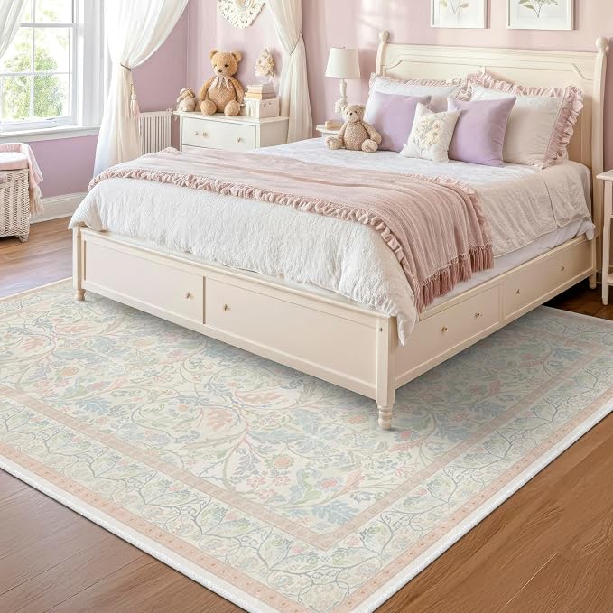 Washable Big 9x12 Floral Cute Rugs for Bedroom, Shabby Chic Large Oushak Area Rug for Living Room, Low Pile & Soft Carpet with Botanical and Wildflower Pattern (Pink and Blue)