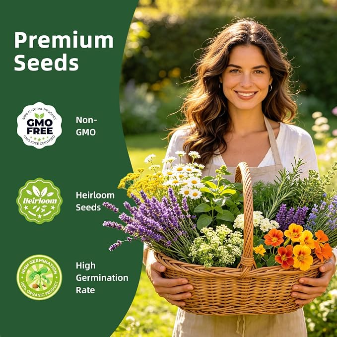 36 Edible Flower Seeds Variety Pack, 16,570+ Premium Garden Seed Vault Kit, Pollinator Friendly, Indoor & Outdoor Year Round Planting – Nasturtium, Lavender, Borage, Calendula, Chamomile & More