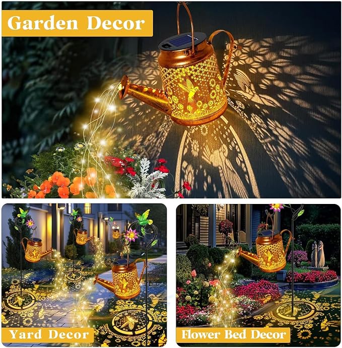 Big Solar Lanterns Outdoor Waterproof, Gifts for Mom Grandma Women Wife Daughter Mother's Day, Hummingbird Sunflower Watering Can with Shepherd Hook, Hanging Lanterns, Solar Path Lights Outdoor Decor