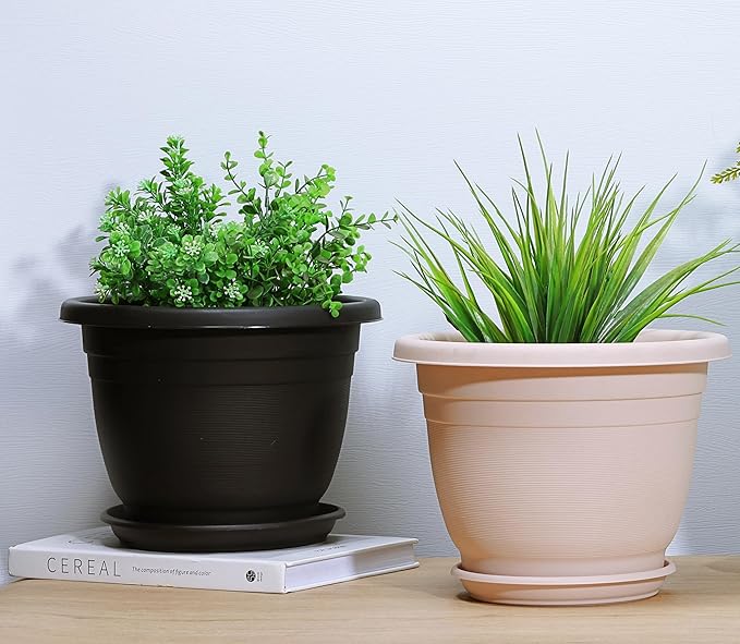 5 Packs 14 inch Flower Pots + Saucer, Planters for Indoor & Outdoor Plants with Drainage Holes | Plastic Flower Pots, Large Planter (Black, 14 inch)