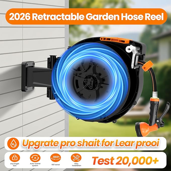 Retractable Garden Hose Reel, 1/2 in x 65 ft Wall Mounted Hose Reel Heavy Duty with 10-Function Sprayer Nozzle, Any Length Lock, Slow Return System, 180°Swivel Bracke for Large Yard Lawn Car Washing