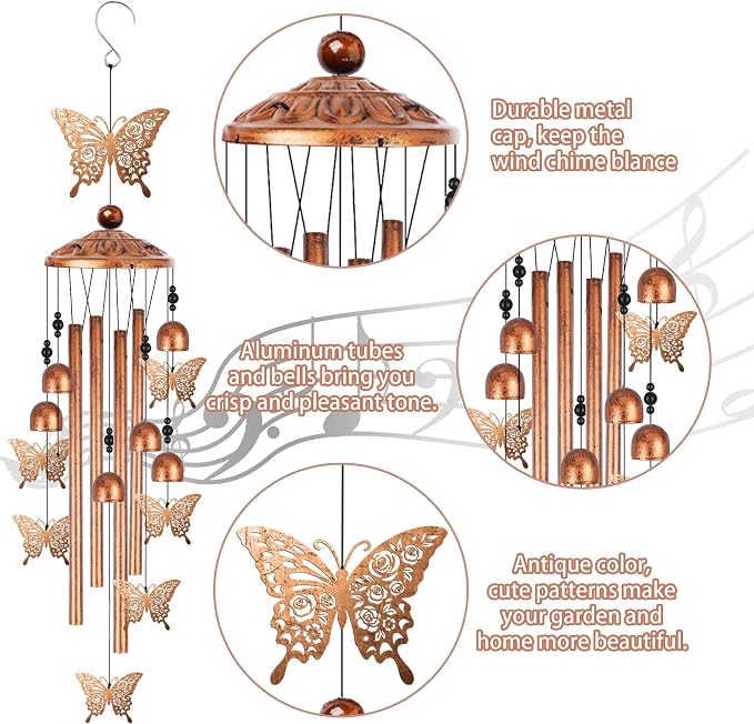 Butterfly Wind Chimes for Outside, Butterfly Gifts for Women Metal Windchimes Outdoors, Floral Wing Design Home Garden Patio Yard Decor