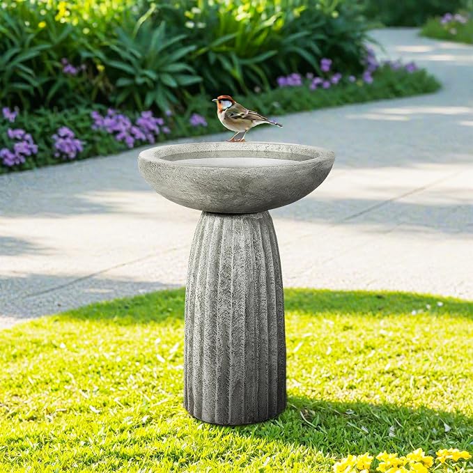 SunJet Modern Bird Bath, 24.4inches Height Fibre-Reinforced Concrete Birdbath with Textured Pedestal for Outdoor Garden, Yard, Lawn Decor