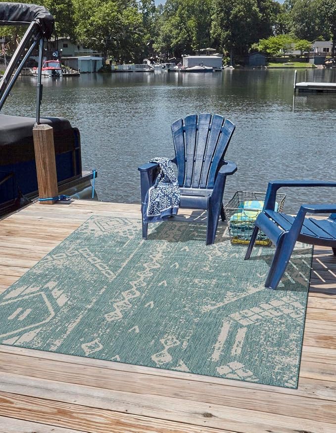 Unique Loom Outdoor Bohemian Collection Area Rug - Anthro (13' Square, Light Aqua/ Ivory)