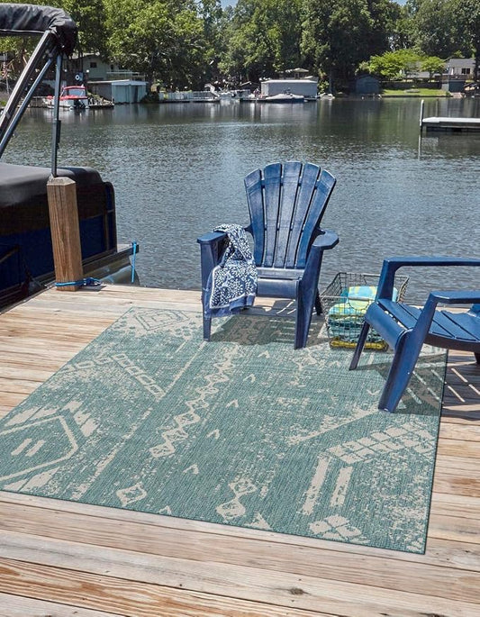 Unique Loom Outdoor Bohemian Collection Area Rug - Anthro (10' 8" Square Light Aqua/Ivory)