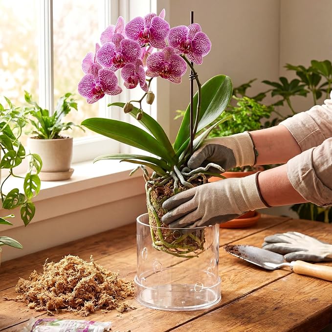 5 Inch Clear Acrylic Orchid Planter Pot with 360° Round Holes & Tray, Thick Acrylic Vented Planter for Phalaenopsis, Root Airflow, Bottom Watering & Indoor Orchid Repotting