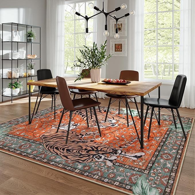 Moynesa Tiger Washable Area Rug, Boho 6x9 Rug for Living Room, Vintage Large Soft Bedroom Rug, Non Slip Ultra Thin Stain Resistant Floor Carpet for Dining Room Home Office, Rust