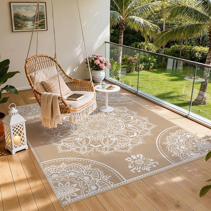 Pauwer Waterproof Outdoor Rug 8x10, Reversible Plastic Straw Patio Camping Rug, Indoor Outdoor RV Mat Carpet for Deck, Camper, Porch, Balcony, Backyard, Picnic, Floral Brown