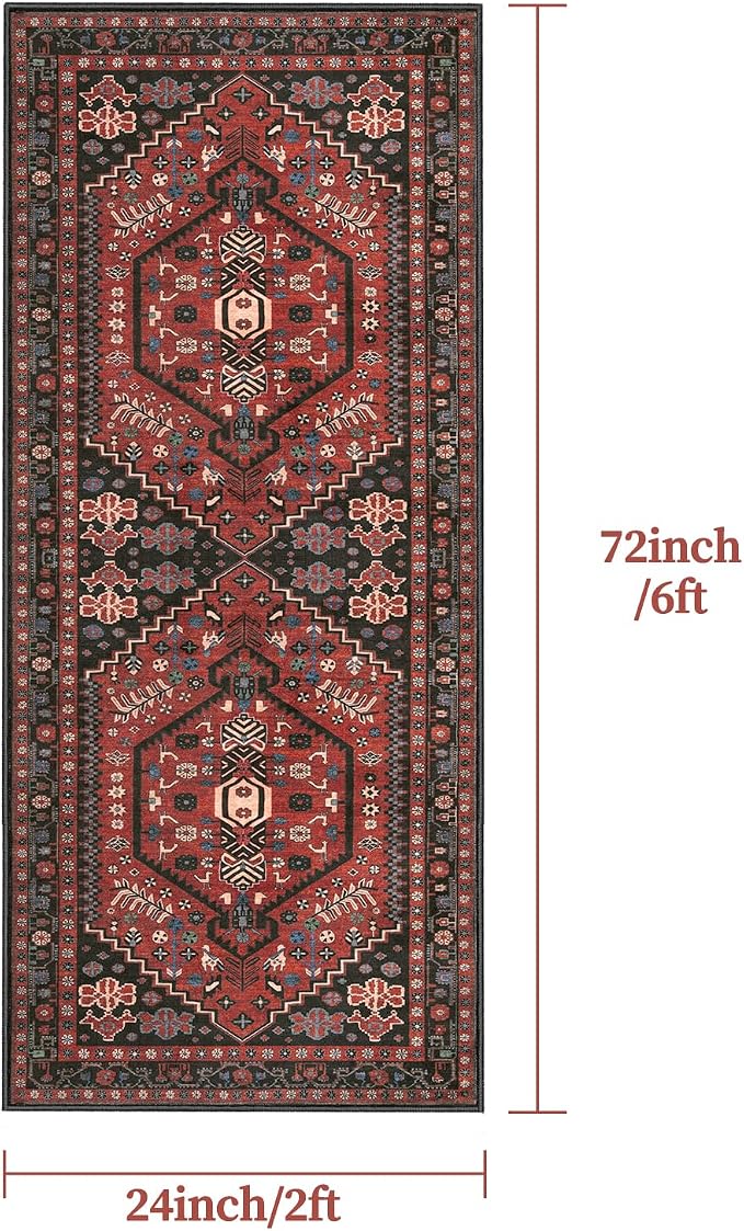Ciicool Washable Non Slip Runner Rug,2x6ft Vintage Hallway Kitchen Rugs | Soft Oriental Indoor Red/black Boho Entry Carpet for Entrance Bedroom Bedside Living Room Laundry Bathroom Decor