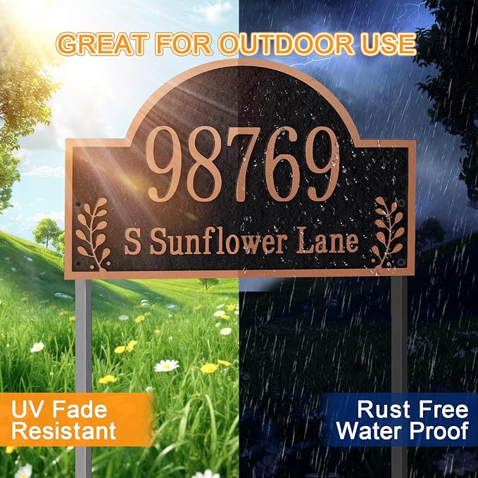 Customizable Address Sign - LAWN MOUNTED Plaque Outdoor House Number for Home,Outside Street Name Garden Décor Arched Style 6