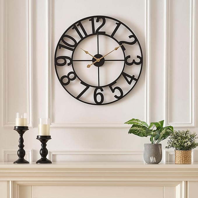 Wall Clocks for Living Room Decor, Silent Wall Clock Battery Operated, Mid Century Rustic Farmhouse Black Metal Skeleton Large Clocks for Kitchen, Bedroom, Dining Room-18 in