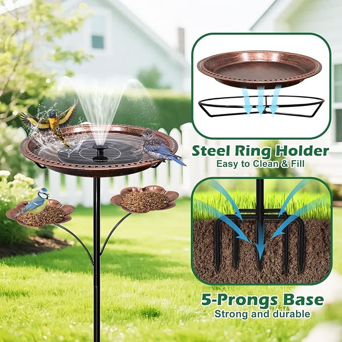 37In Metal Bird Bath for Outside, Vintage Standing Birdbaths with 2 Detachable Flower Feeders, Large Bird Bath Bowl Bird Feeder for Garden Patio Yard,Upgraded 5-Pronged Base (Antique Bronze)