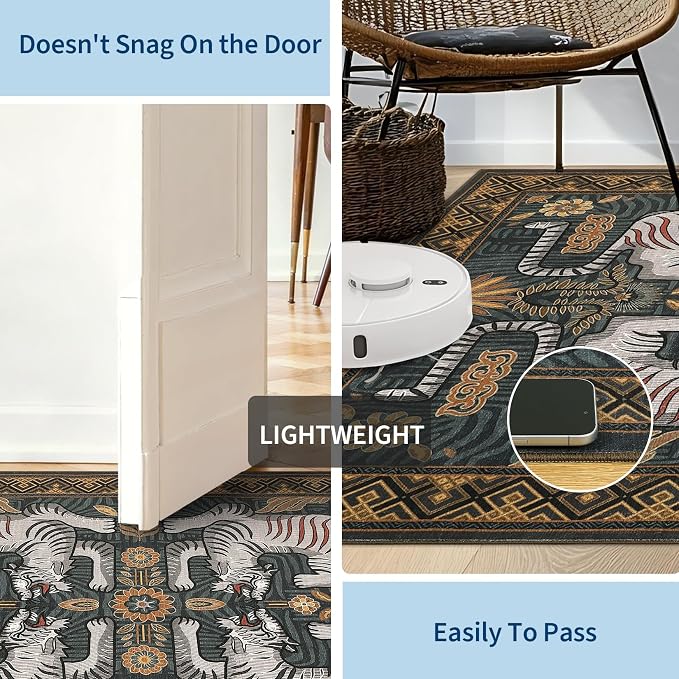 GarveeHome Tiger Round Area Rugs Boho Living Room Non Slip Washable Vintage | 8ft Blue Animal Print Circle Rugs, Tribal Floor Carpet for Dining Room Entryway Nursery Playroom Office