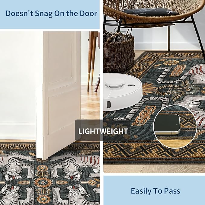 GarveeHome Large Tiger 9x12 Area Rugs Boho Washable Vintage Living Room Rug | Non Slip Blue Rugs for Bedroom, Tribal Soft Animal Print Throw Rug Ultra Thin Stain Resistant Floor Carpet for Office
