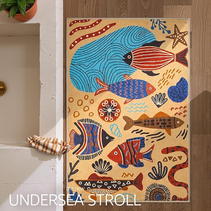 jinchan 2x3 Coastal Area Rug Washable Kids Rug Colorful Ocean Fish Mat, Tan | Soft, Cozy, Non-Slip, Kid-Friendly, Lightweight, Entryway, Small Mat, Kitchen, Dorm, Bedroom, Laundry Room, Bathroom, Nursery