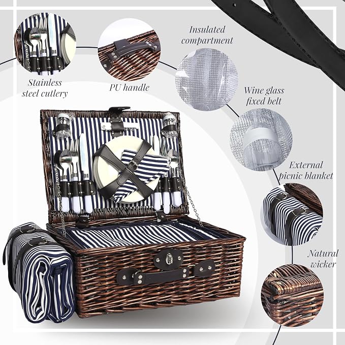 Picnic Basket Set for 4 with Waterproof Blanket Mat Insulation Bag Wicker Navy Blue Vintage Classic Gift for Christmas Thanksgiving Wedding Birthday Camp Outdoor Beach Travel