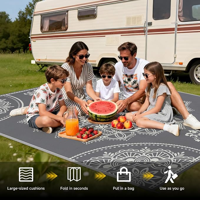 Pauwer Waterproof Outdoor Rug 6x9, Reversible Plastic Straw Patio Camping Rug, Indoor Outdoor RV Mat Carpet for Deck, Camper, Porch, Balcony, Backyard, Picnic, Floral Grey