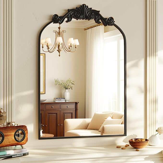 Vintage Arched Bathroom Mirror 24x36 Inch Retro Wall Matte Black | Mounted Vanity Mirror with Carved Pattern Top and Metal Frame, House Decorative Mirror for Hanging or Leaning