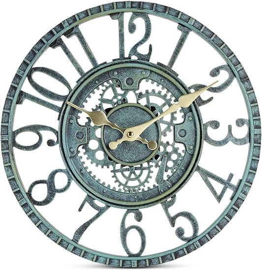 Round Skeleton Wall Clock, Retro Wall Clock For Living Room Decoration, Outdoor Waterproof Garden Simple Metal Clock 12'' Green