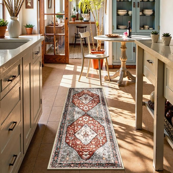 Lahome Felice Boho Tribal Runner Rug - 2x6 Red Rug Runners for Hallways 6 feet Non Slip Kitchen Sink Mat, Soft Non Skid Washable Bathroom Carpet Runner for Front Hall Entryway Laundry Room