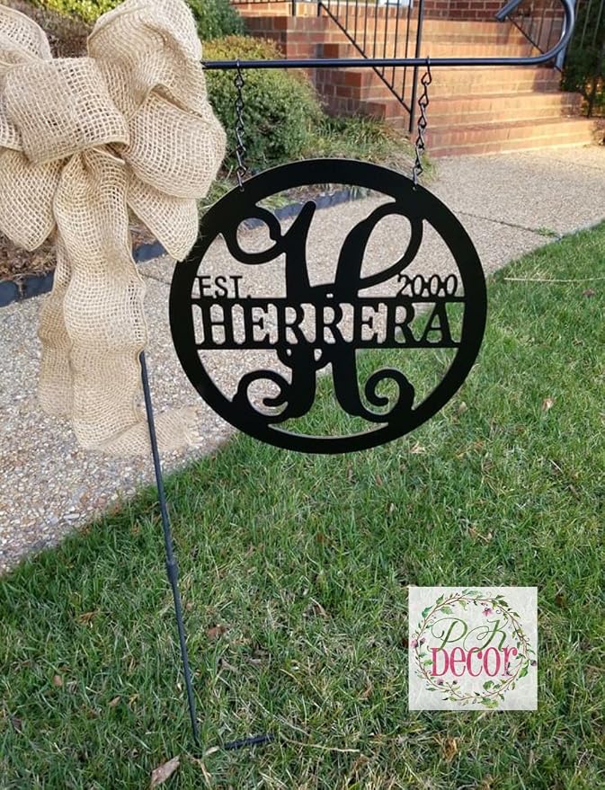 Customizable Last Name Established Date Garden Flag or Home Decor ACM Metal Sign, Hanging Decorative Initial Monogram Sign Door Wreath or Front Door Hanger, Personalized Decor (12 inch)