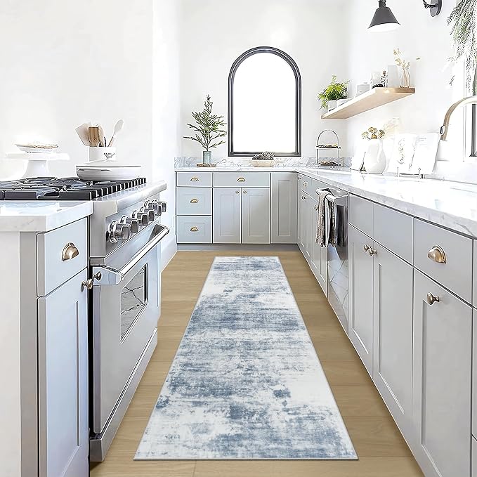 2'6''x8' Runner Rugs Washable Rug:Modern Abstract Hallway Blue White Carpet | Non-slip TPE backing makes this washable soft low-pile rug safe & durable, Pet-friendly decor for dining room,nursery,office
