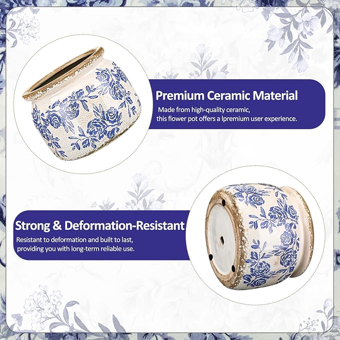 7.7" Large Vintage Ceramic Plant Pot Blue White Rose Crackle Glaze Rustic Flowers Pot Decorative Planter with Drainage for Indoor Outdoor Plants Kitchen Office Home Decor Gift
