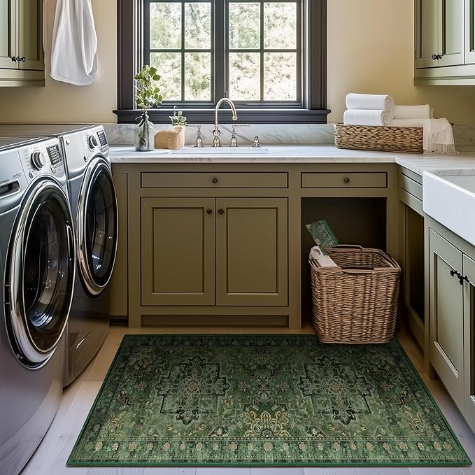 Dark Green 3x4 Rugs for Entryway Indoor, Distressed Medallion Door Mat Indoor Entrance, Washable Non Slip Low Pile Thin Small Carpet Rug for Kitchen/Bedroom/Bathroom/Laundry Room