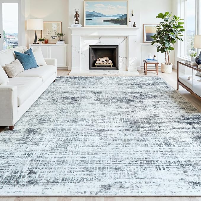 10x12 Washable Area Rug for Living Room Bedroom: Non-Slip Modern Black Grey | Machine Washable TPR Backing, Stain-Resistant Low Pile, Pet & Kid Friendly, Abstract Decor for Dining Room, Dorm, Home Office