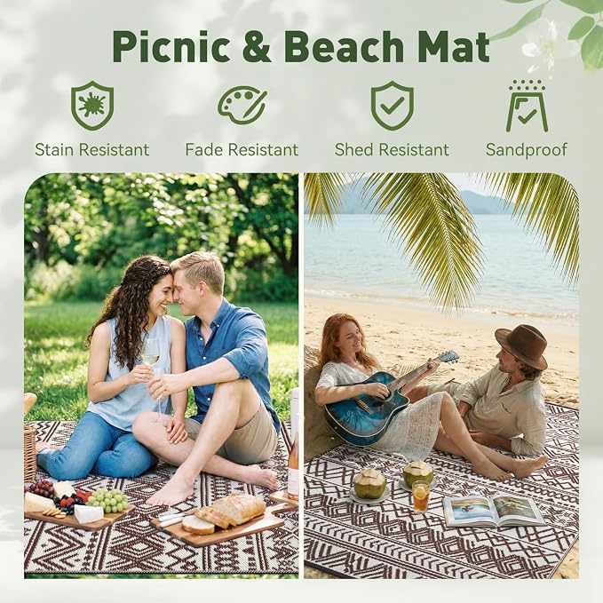 MontVoo-Outdoor Rug Carpet Waterproof 6x9 ft Reversible Patio Rug RV Camping Rug-Plastic Straw Rug Outside Indoor Outdoor Area Rug for Patio Deck Balcony Picnic Beach Outdoor Decor Boho Beige Brown