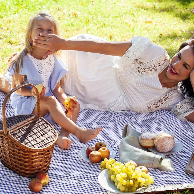 VitalCozy Waterproof Picnic Blankets 59 x 78in Outdoor Blanket Foldable 2 in 1 Double Layer Sandproof Beach Mat with Carry Strap for Camping Lawn Park Beach Grass(Blue White)