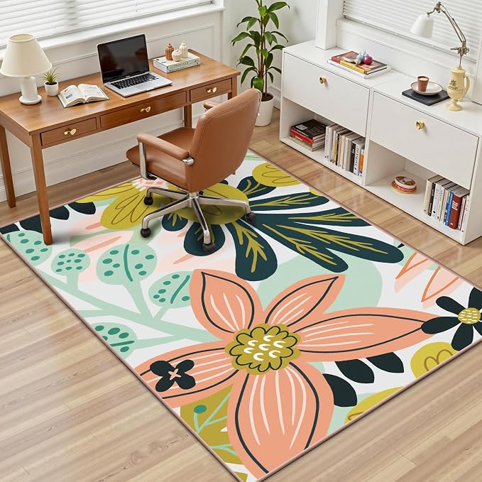 Tyrot Boho Floral 3x5 Washable Area Rug Flat Woven Ultra-Thin Low Pile Rug Non Slip Indoor Tropical Botanical Rug for Living Room, Bedroom, Entryway, Nursery, Dorm, Pink Green