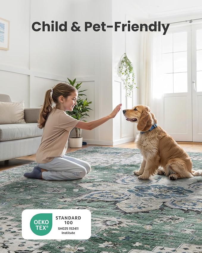 AMADA HOMEFURNISHING 2'6"x10' Washable Area Rug, Low-Profile Entryway Rug with Non-Slip Backing & Durable Edge Binding, Vintage Rug Pattern, Small Rugs for Entryway, Kitchen & Living Room